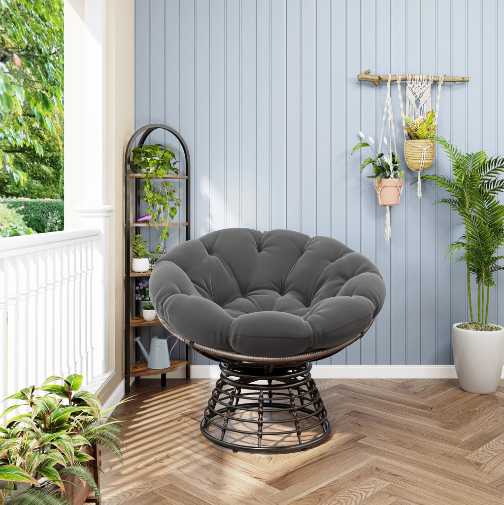 Poltrona Papasan girevole ergonomica con cuscino grigio e struttura marrone