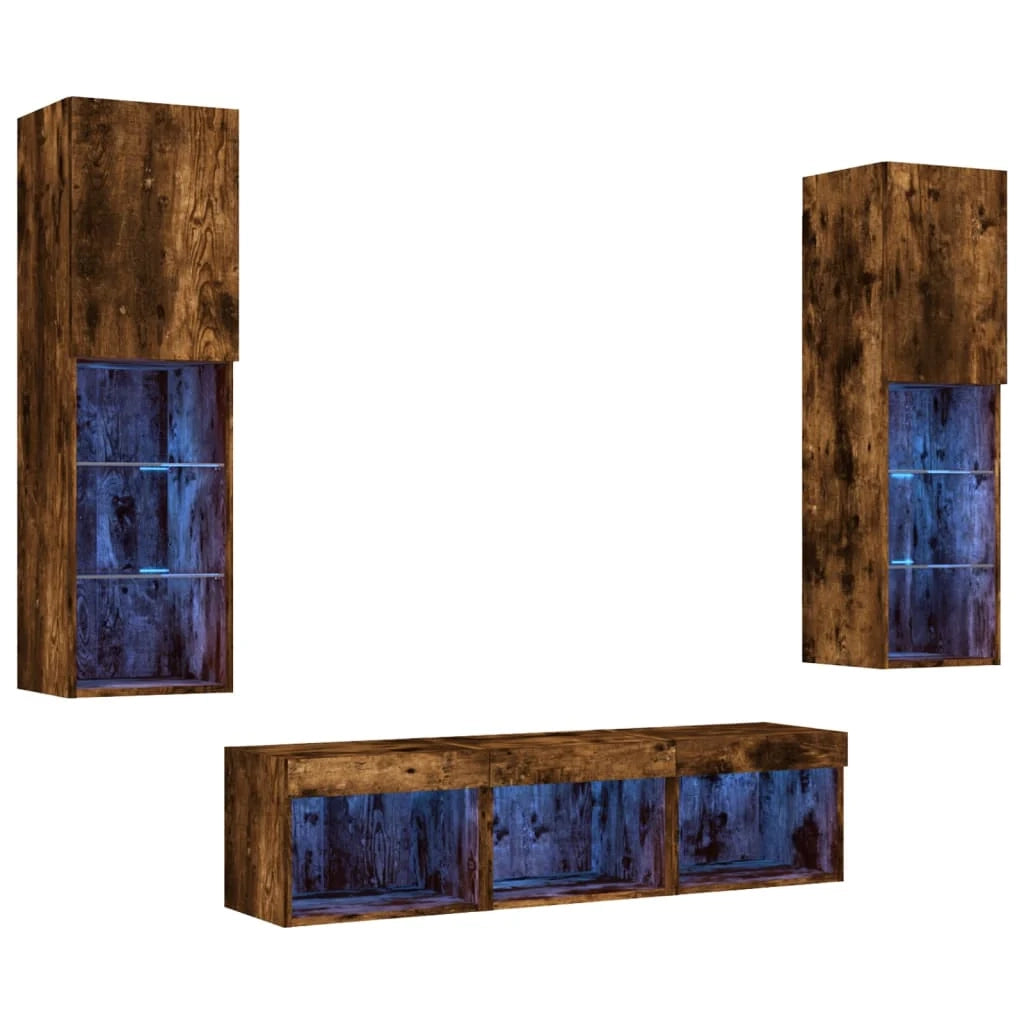 Mobile TV multimediale scaffale TV credenza mobile TV sala da pranzo soggiorno camera da letto con illuminazione a LED 5 pezzi rovere affumicato legno ingegnerizzato marrone 02_0029408