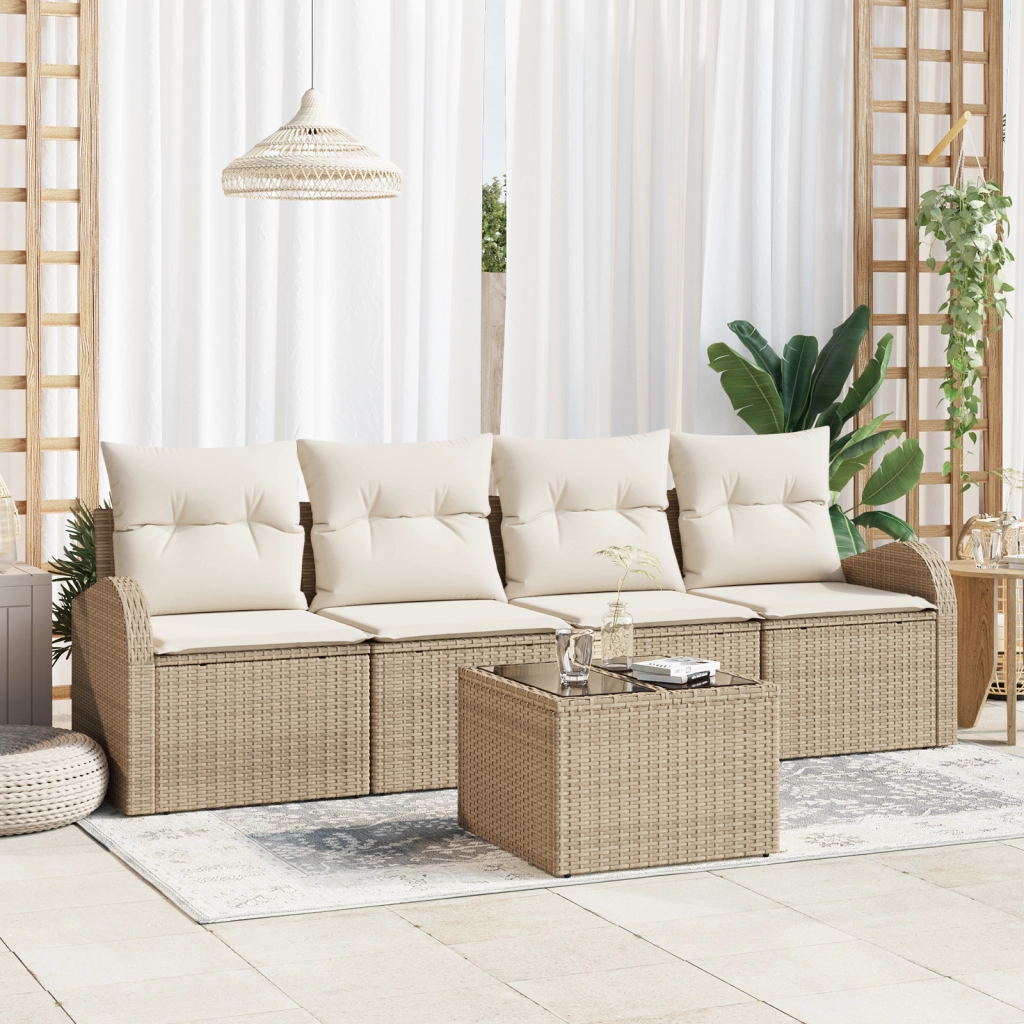 Set di Divani da Giardino 5 Pezzi con Cuscini Beige in Polyrattan