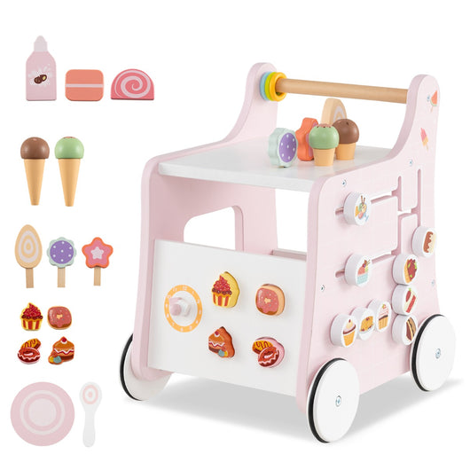 Carrello primi passi in legno con spazio di archiviazione, Carrello primi passi di dolci con gelati Rosa-Primi passi