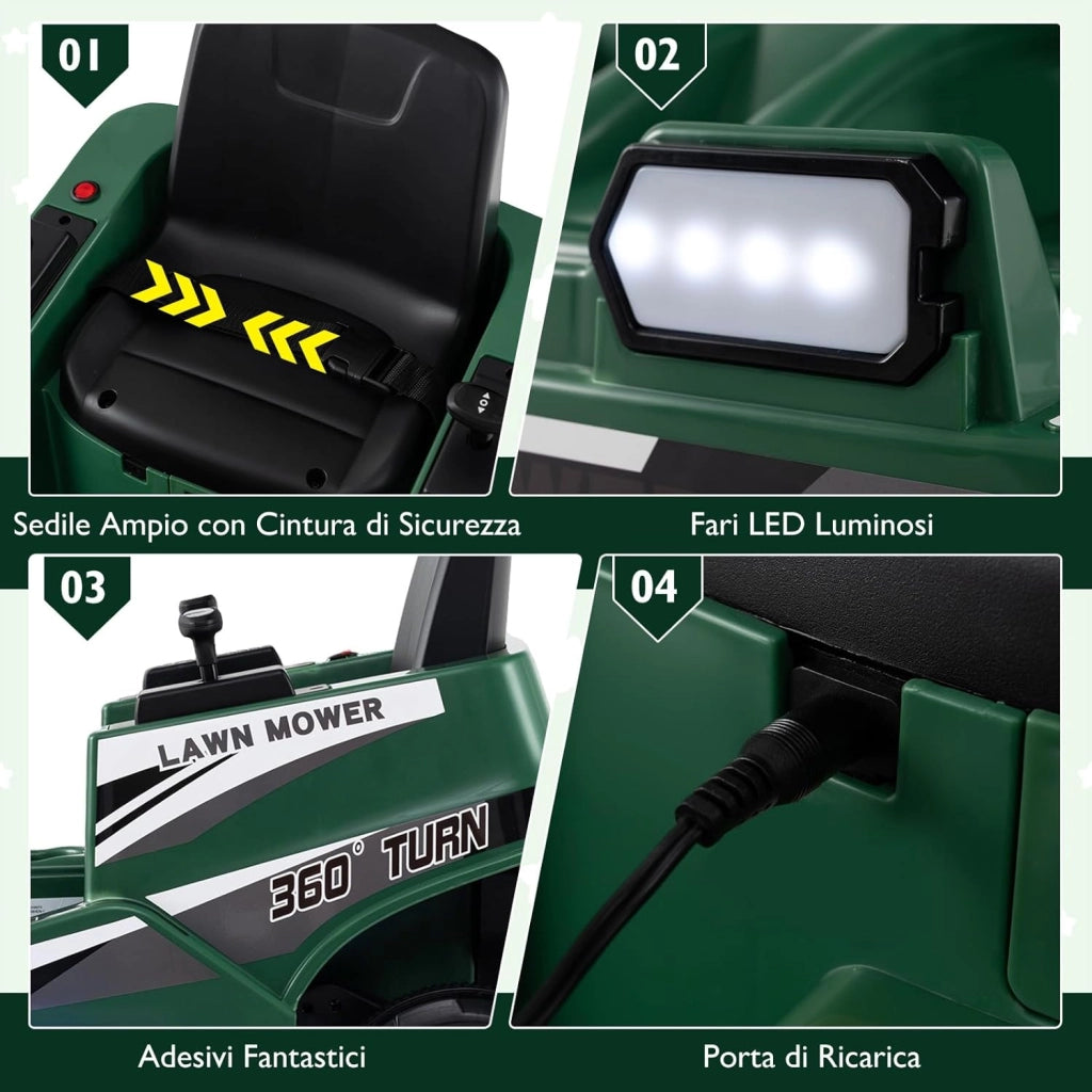 12V Macchina Elettrica per Bambini, Auto Elettrica con 2 Leve di Controllo, Luci LED, Simulazione di Taglio dell'Erba e Sterzate a 360°, Tosaerba Giocattolo per Bambini 3-8 Anni (Verde)