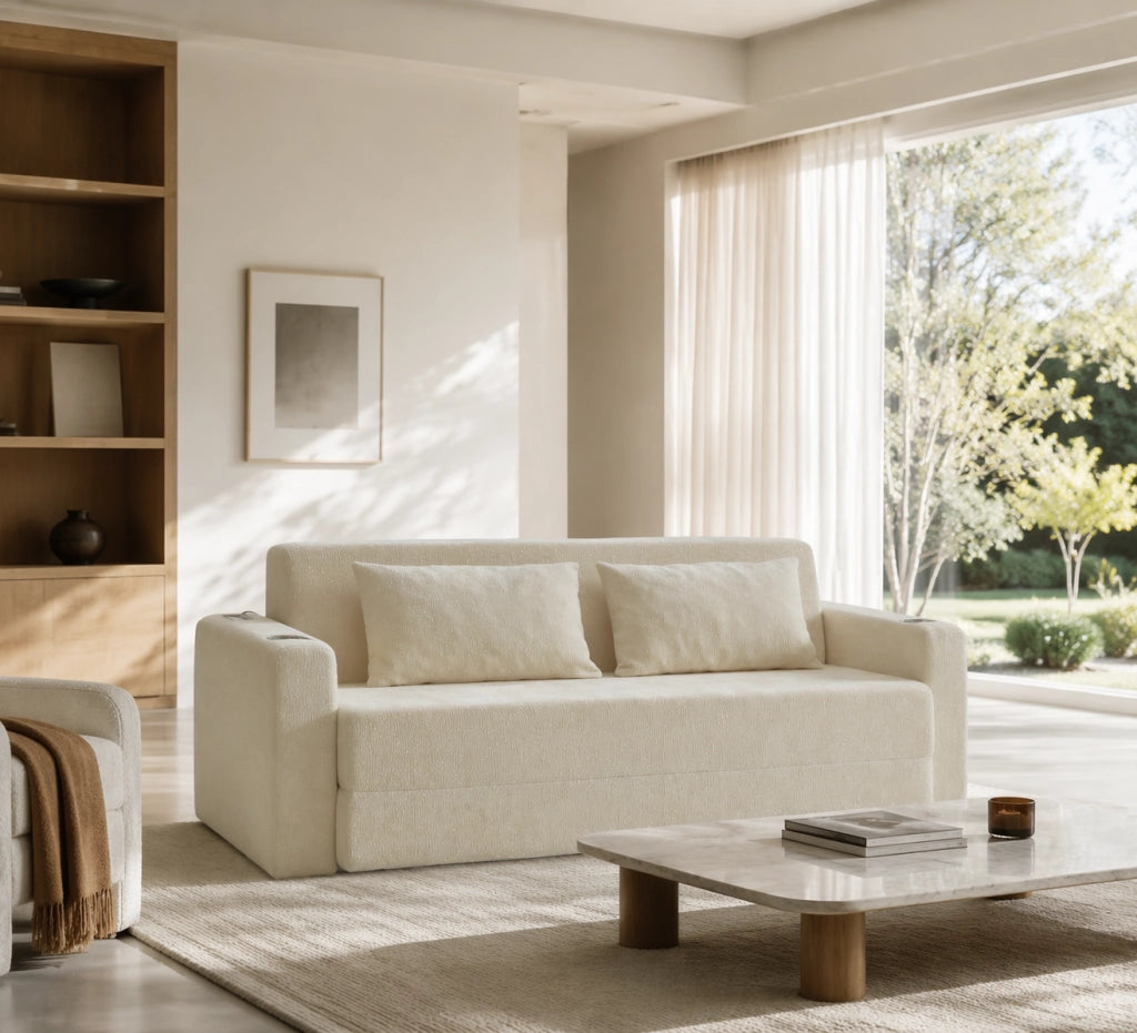 Divano letto a 2 posti con funzione letto, USB, portabicchieri e tasche laterali in morbida chenille beige