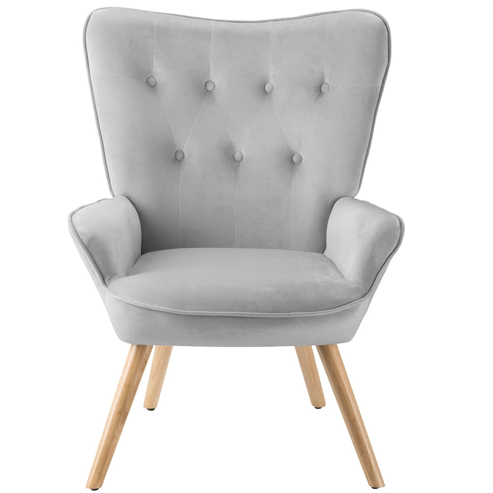 Poltrona Stile Scandinavo con Schienale Alto e Poggiapiedi In Velluto e Gambe in Legno Grigio