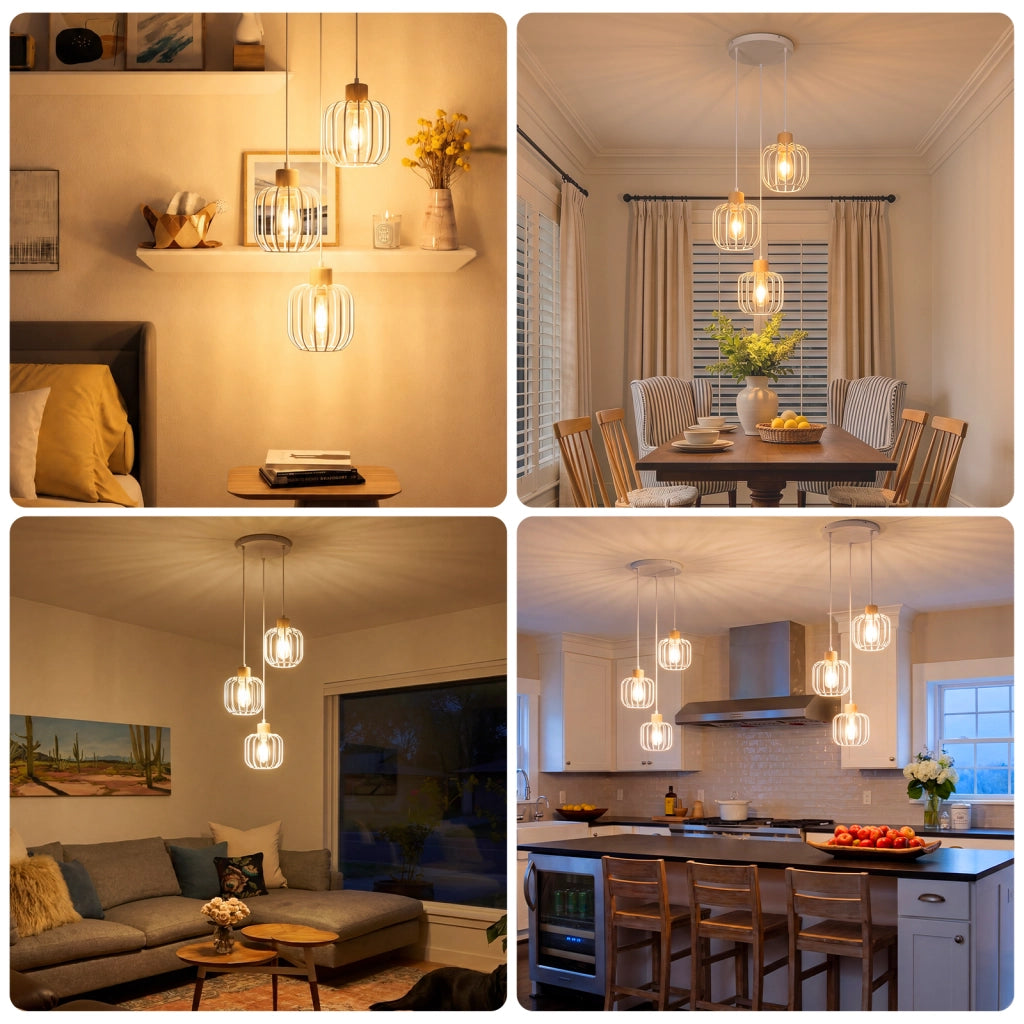 ZMH Lampada a Sospensione 3 Luci Bianco Legno Rotonda E27 Moderna per Soggiorno Cucina Camera Corridoio Senza Lampadina