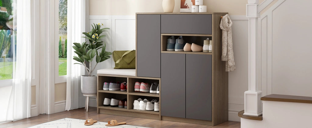 Scarpiera con seduta imbottita e ripiani regolabili per ingresso, in truciolare, grigio, 140 × 35 × 110 cm
