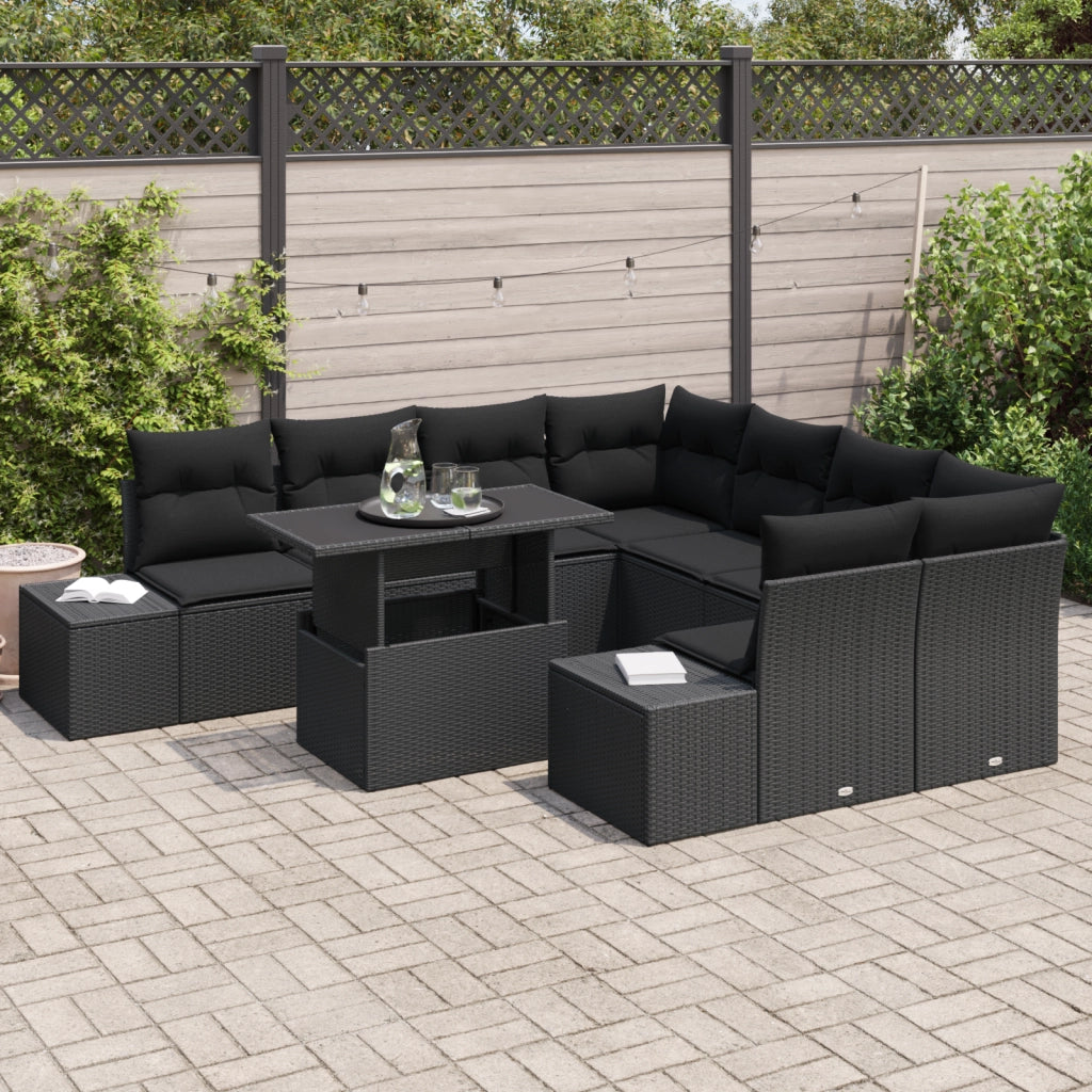 Set di Divani da Giardino 9 Pezzi con Cuscini Nero Polyrattan