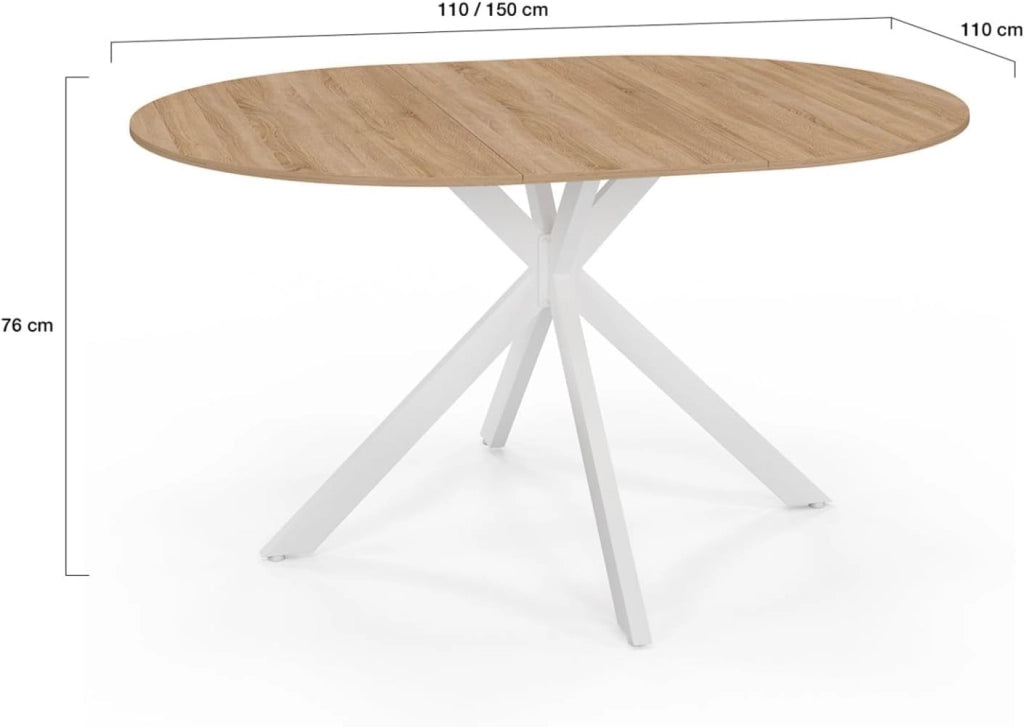 ALIX Tavolo da pranzo rotondo allungabile per 4-8 persone con gamba in legno e ragno bianco 110-150 cm