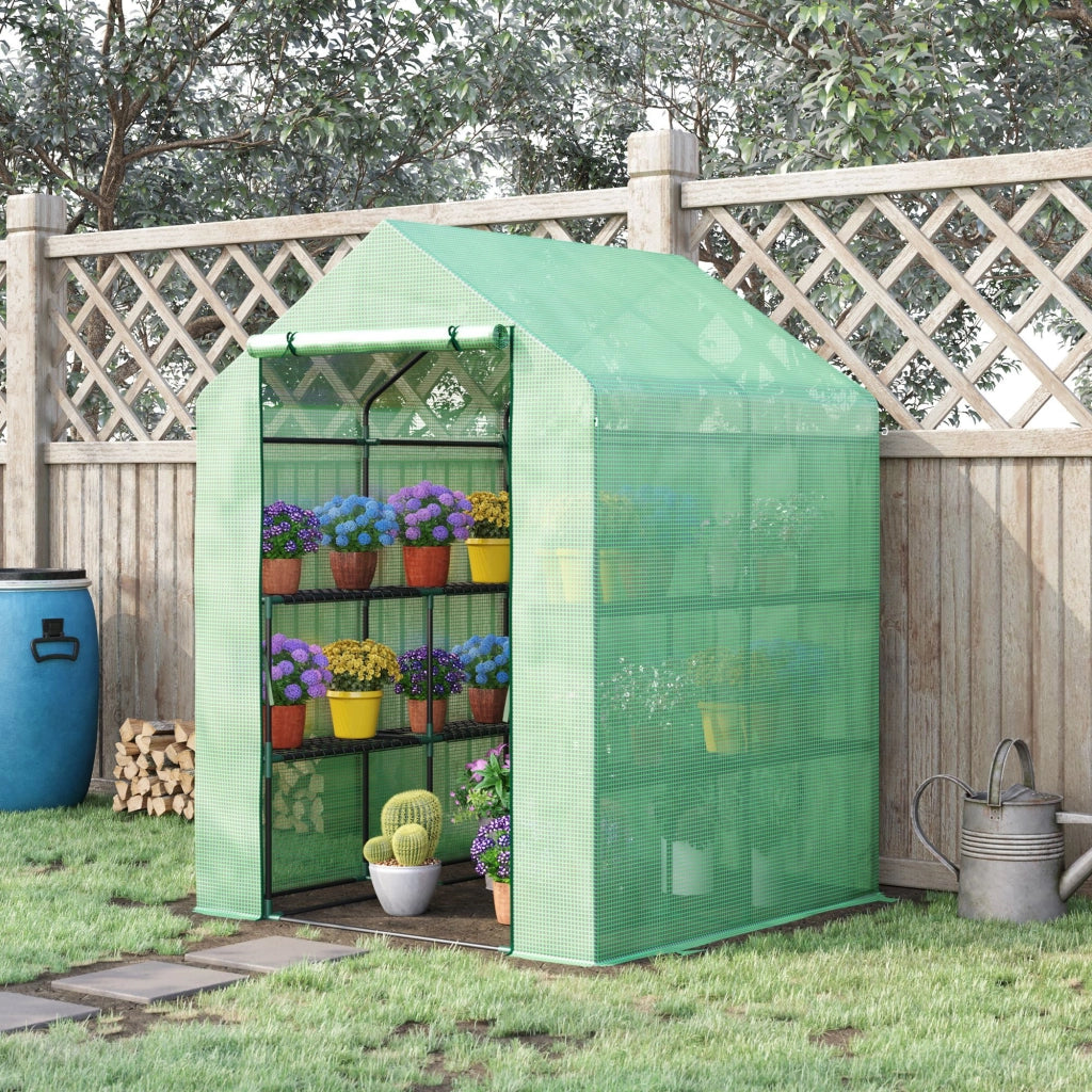 EasyComfort Serra da Giardino con Scaffali, Copertura in PE e Porta Avvolgibile, 143x138x190 cm, Verde