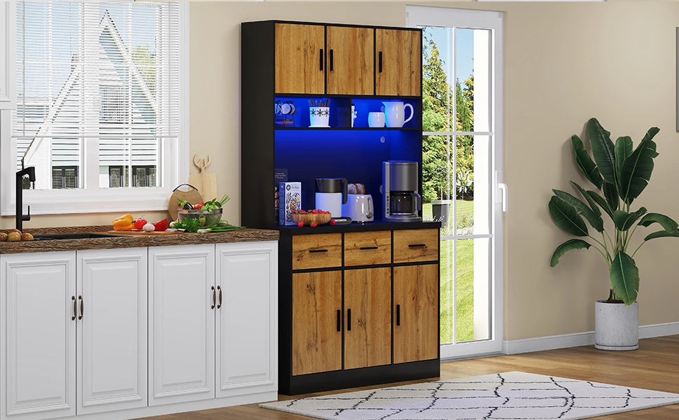 Credenza da cucina 100x40x180 cm con LED, prese USB, cassetti e ripiani regolabili