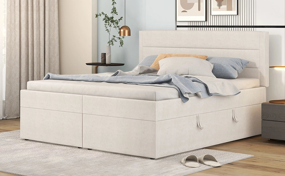 DESMIU Letto contenitore 140 × 200 cm 2 posti con vano contenitore, senza materasso, in legno massiccio e MDF, beige