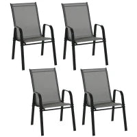 Set 4 Sedie da Giardino Impilabili e Salvaspazio con Braccioli in Metallo e Tessuto a Rete, Grigio