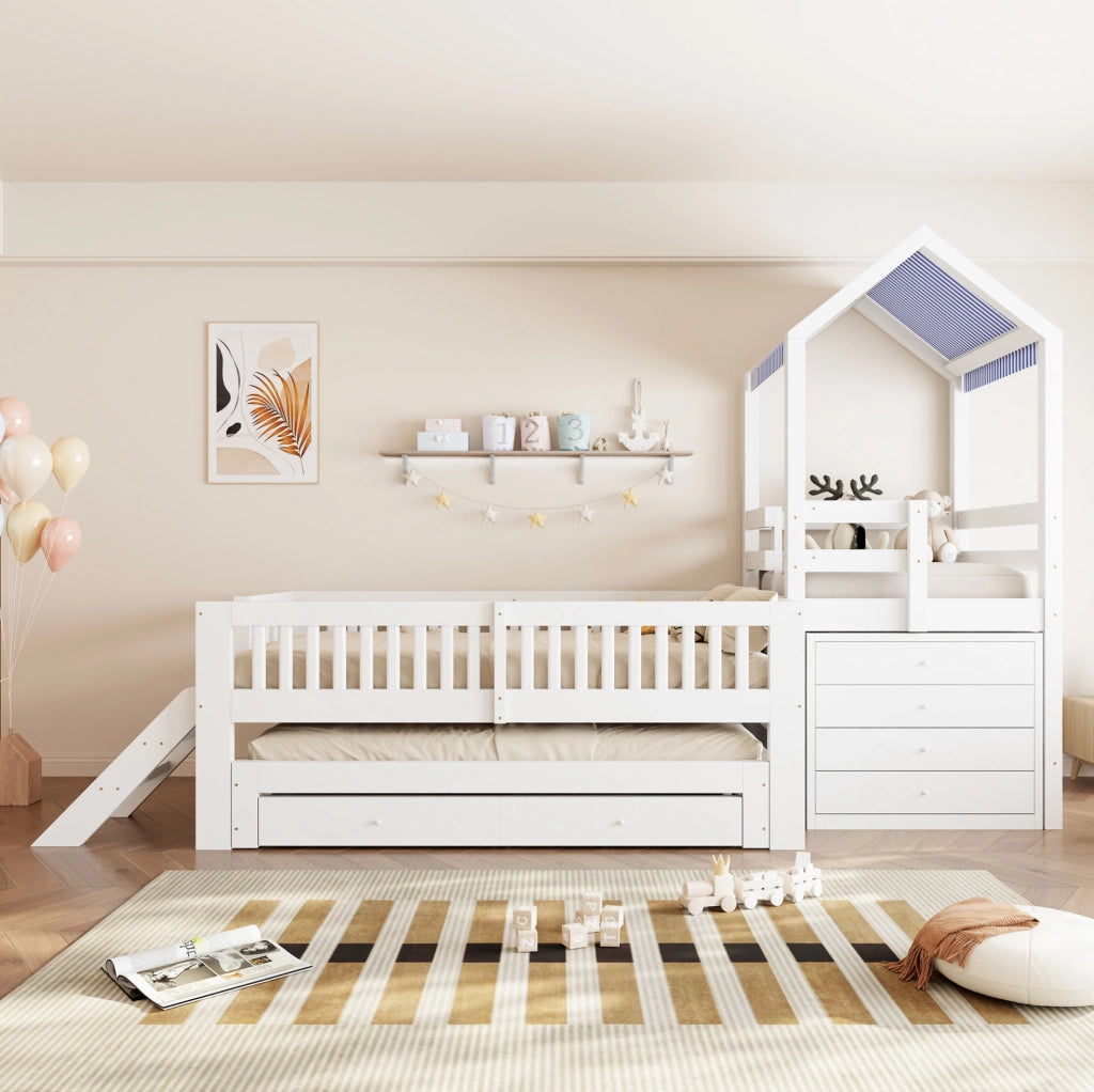 Letto per bambini a casetta con letto estraibile e cassetti bianco