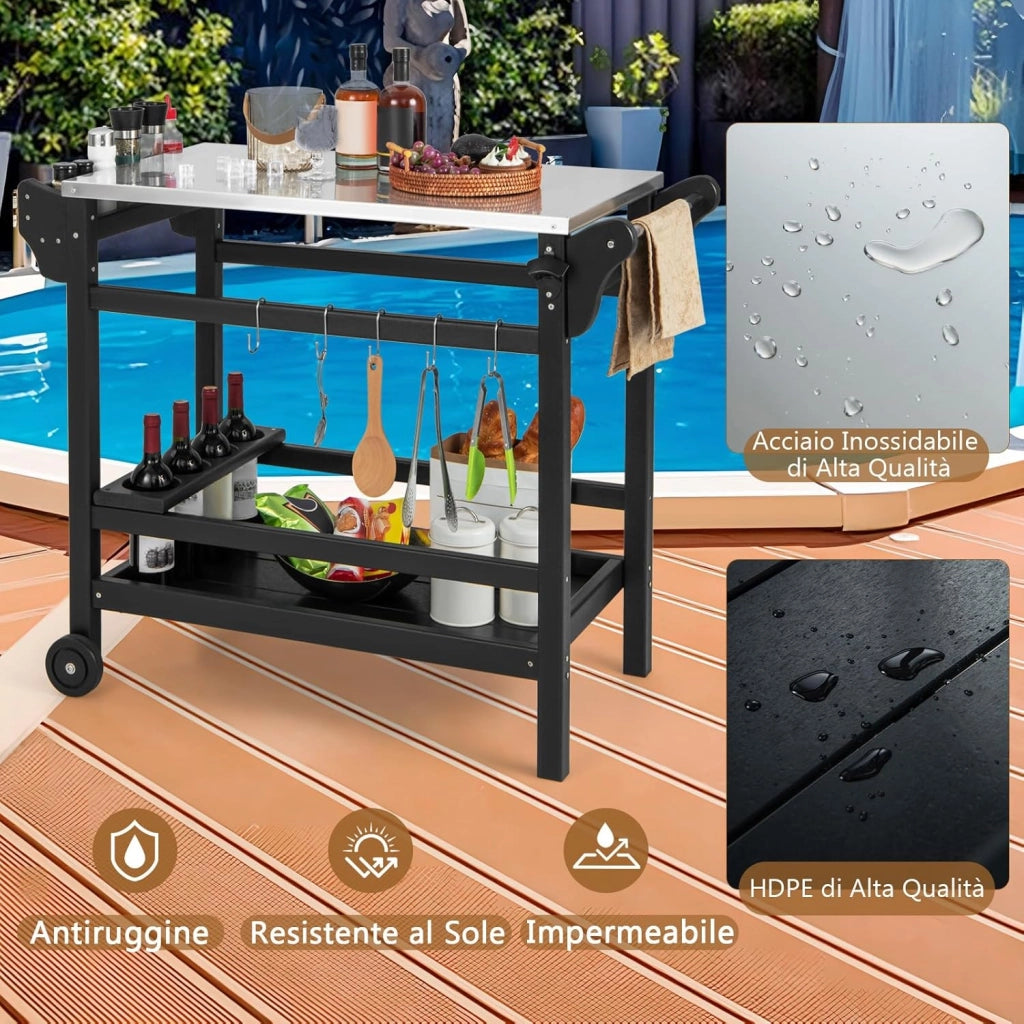 Carrello Barbecue da Esterno, Stand per Forno a Pizza con Piano in Acciaio Inox Vassoio e Portabottiglie, Tavolo per Preparazioni con Maniglia e Ruote per Cucina Giardino