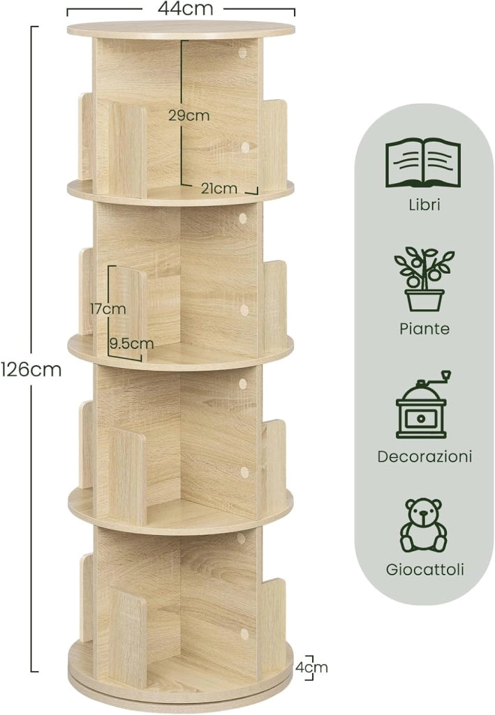 Libreria Rotante, Libreria Angolare a 4 Livelli 16 Scomparti, Scaffale Autoportante per Soggiorno, Camera da Letto, Ufficio, Studio, in Legno, Rovere Chiaro