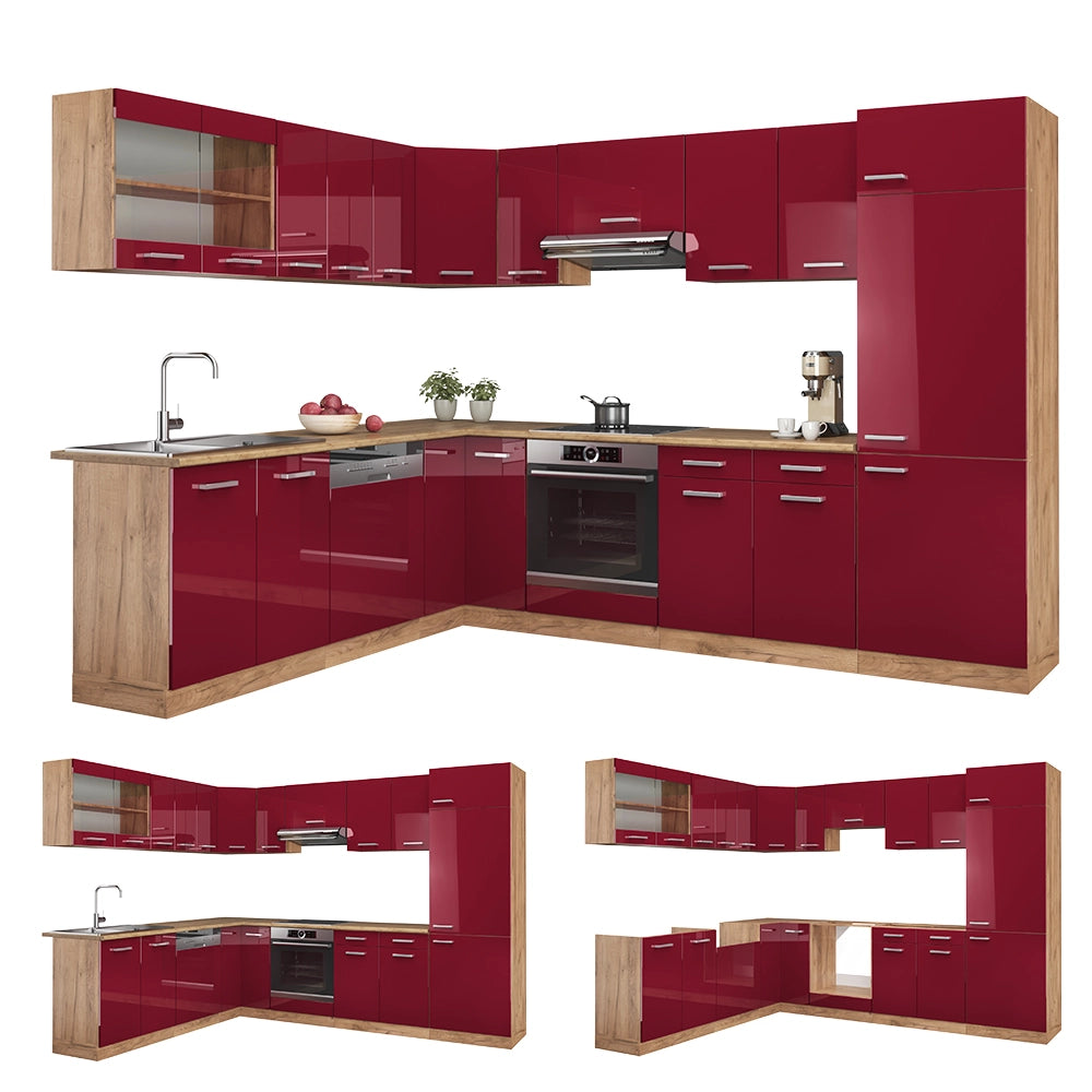 Vicco Cucina angolare completa Rosso lucido/rovere dorato 287 x 60 cm , PL Marmo
