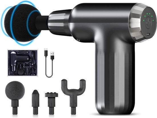 Pistolo di massaggi mini, dispositivo di massaggi portatile, apparecchio di massaggi elettrico, con 6 velocità, 4 testine di applicazione per massaggi