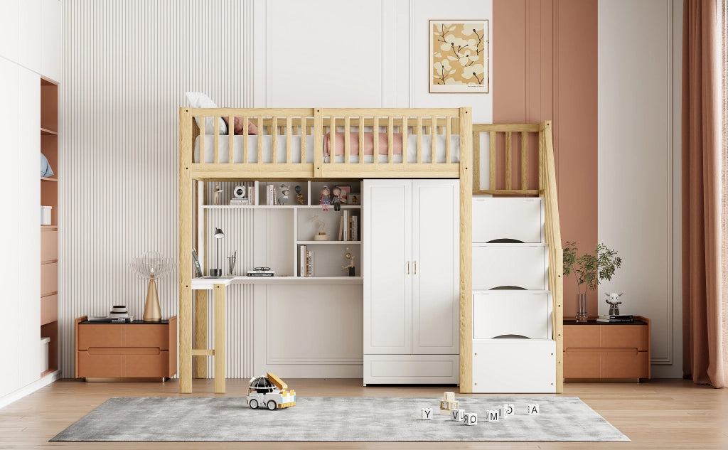 Letto a castello bianco e legno naturale con funzione contenitiva in legno massello 90x200 cm