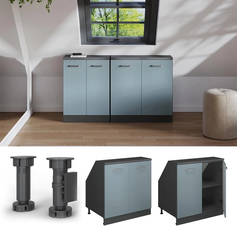 Mobile sottotetto Rion, Grigio-blu, 80 x 81.6 cm con 2 porte, carcassa 60 cm profondità, adatto per il salvaspazio sotto tetti spioventi