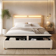 Letto matrimoniale 140x200 cm con LED; testiera con ripiani; panca contenitore; beige e rovere
