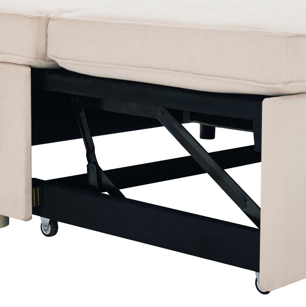 Divano letto a U 4 posti beige effetto lino con contenitori, portabicchieri e cuscini inclusi