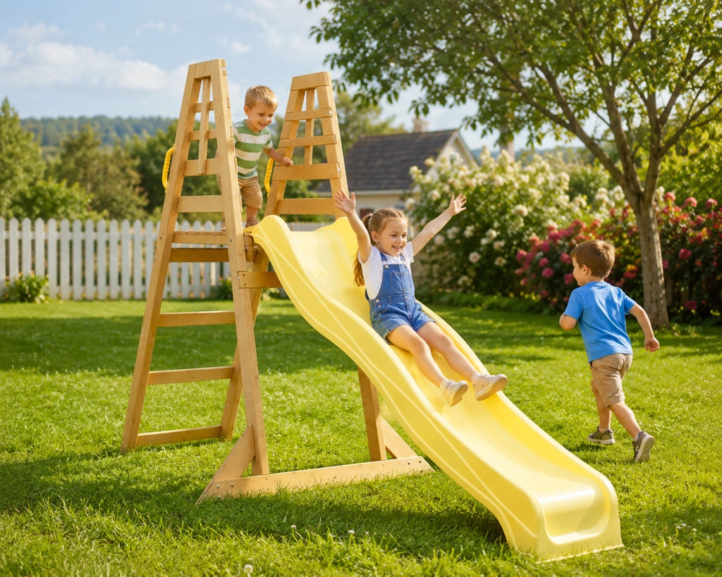 Scivolo per bambini da esterno, SCIVOLO da Giardino in Plastica per Bambini con Solida Struttura in Legno 4 Gradini. Dim