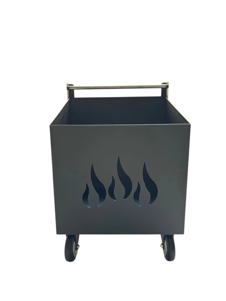 Porta Legna con Ruote, Porta Pellet, in Ferro Battuto, Grigio antracite, 42x37x62h cm, Motivo Fiamma, Per Camino e Stufe