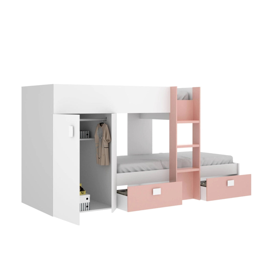 Letto per bambini Araba, Cameretta completa con armadio e cassetti, Composizione letto a castello con due lettini singoli, 271x111h150 cm, Bianco e Rosa