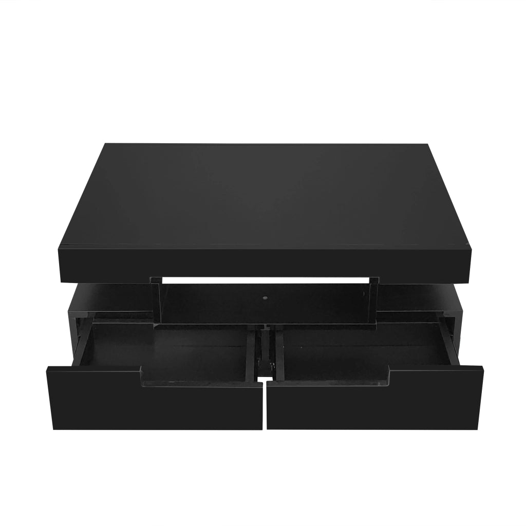Tavolino da Salotto con 4 Cassetti e 3 Vani Aperti e LED; Finitura Lucida; Stile Moderno; Nero