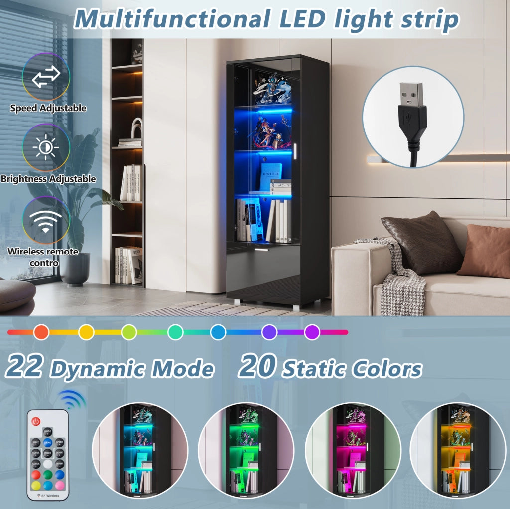 Vetrina alta nera lucida 40x50x160 cm con LED; ante in acrilico e ripiani in vetro temperato