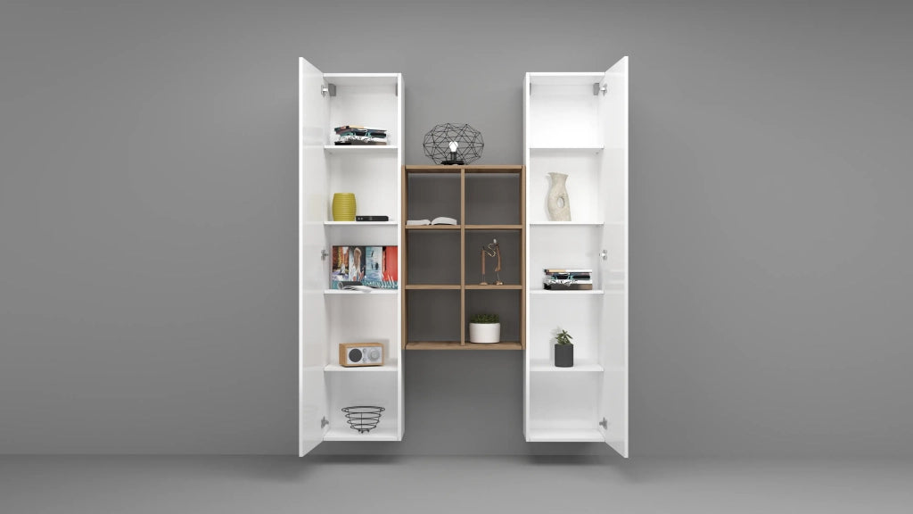 Parete attrezzata sospesa bianca 2 armadi libreria 6 ripiani Gemy WH