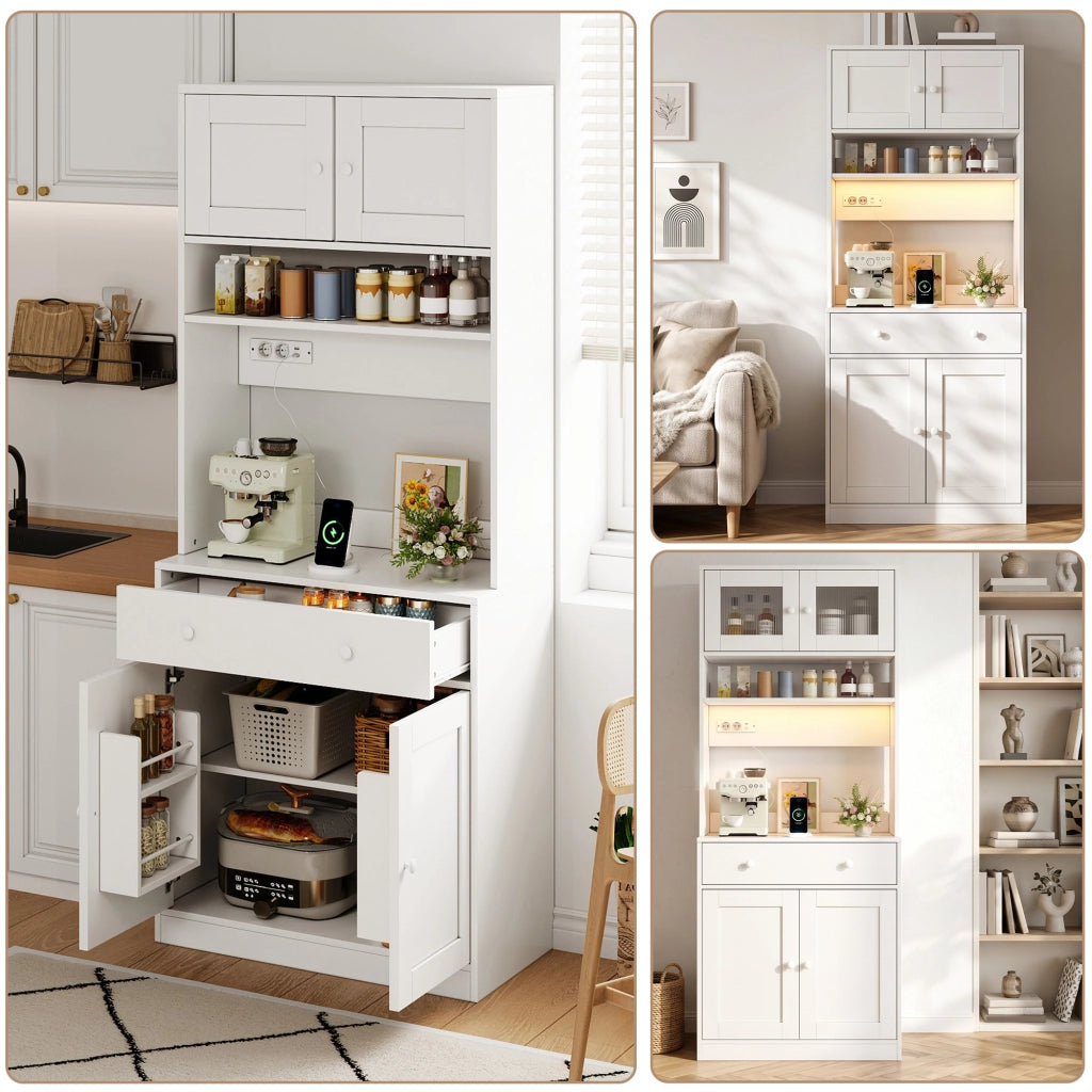 Colonna cucina con cassetto; ripiani aperti; prese integrate e luci LED per cucina e soggiorno; 72×40×180 cm