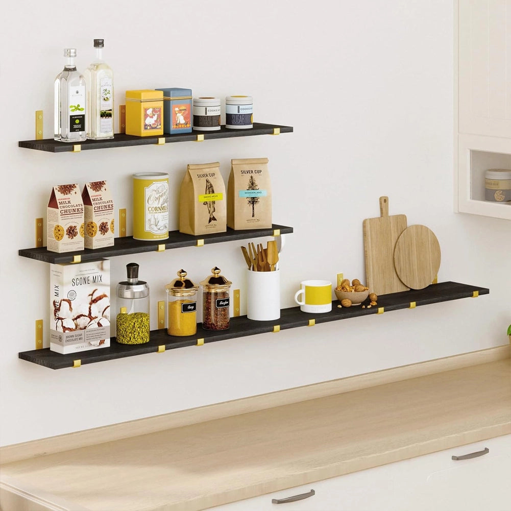 Set 8 Mensole da Parete in Legno Nero e Staffe Oro Scaffalatura da Muro 40x15cm
