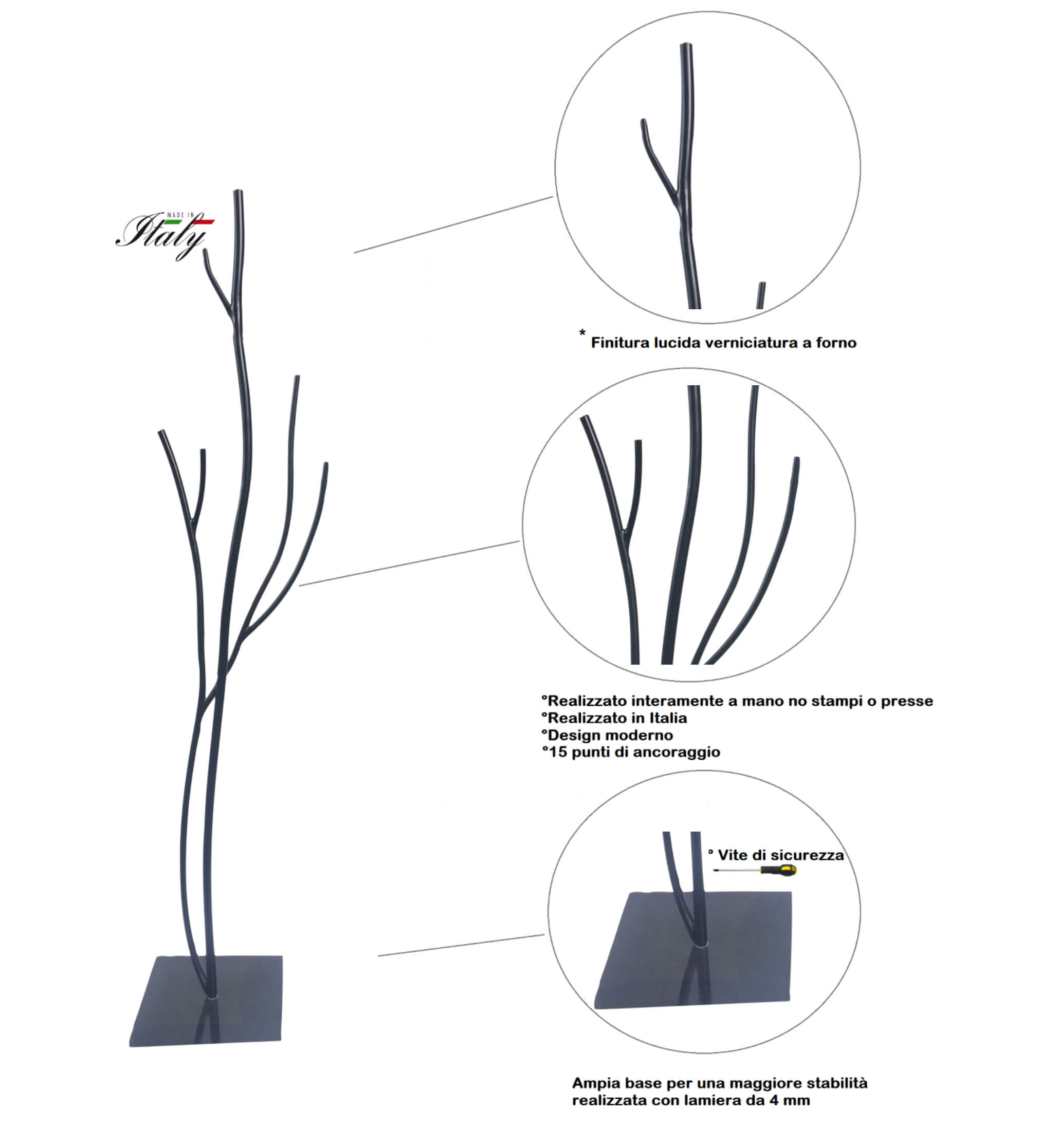 Appendiabiti da Terra 33x33x178 cm in Ferro Battuto Vasconi Castagno Nero