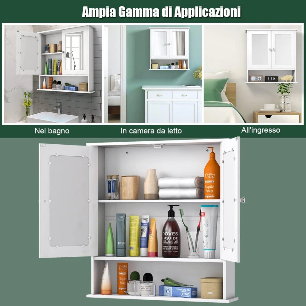 Armadietto da Bagno con Specchio, Armadietto da Parete con Ripiano Regolabile, Mobile da Parete per Bagno, 56 x 12,5 x 58 cm (Bianco)