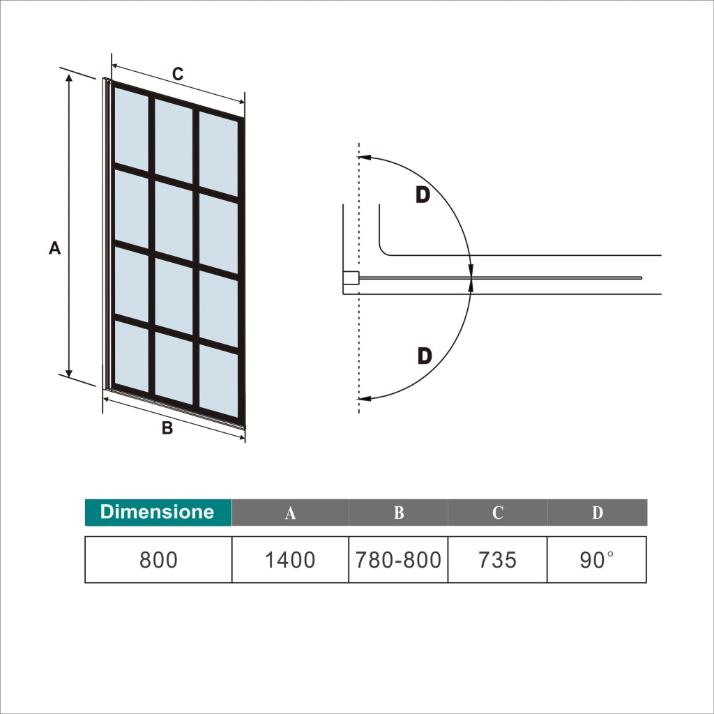 Parete Vasca Doccia 80xh.140cm Sopravasca Pannello Girevole in Vetro Temperato 6 mm Trasparente con Riquadri Neri
