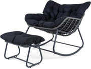 Poltrona a Dondolo con Poggiapiedi, Sedia a Dondolo da Interno ed Esterno, Poltrona Relax in Rattan con Cuscini Rimovibili per Soggiorno, Balcone e Giardino, Portata 150 kg (Nero)