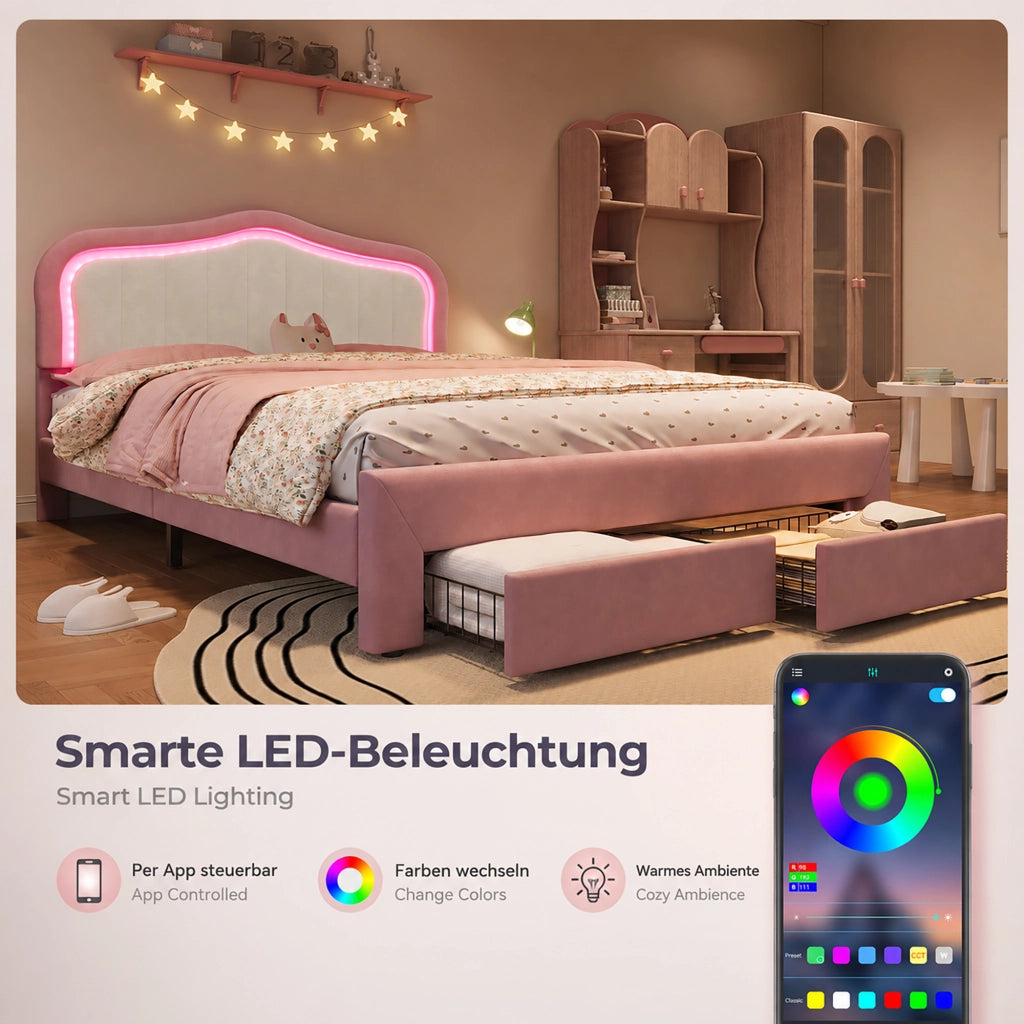 Letto imbottito rosa 140x200 cm in velluto con 2 cassetti e LED controllati tramite app per cameretta