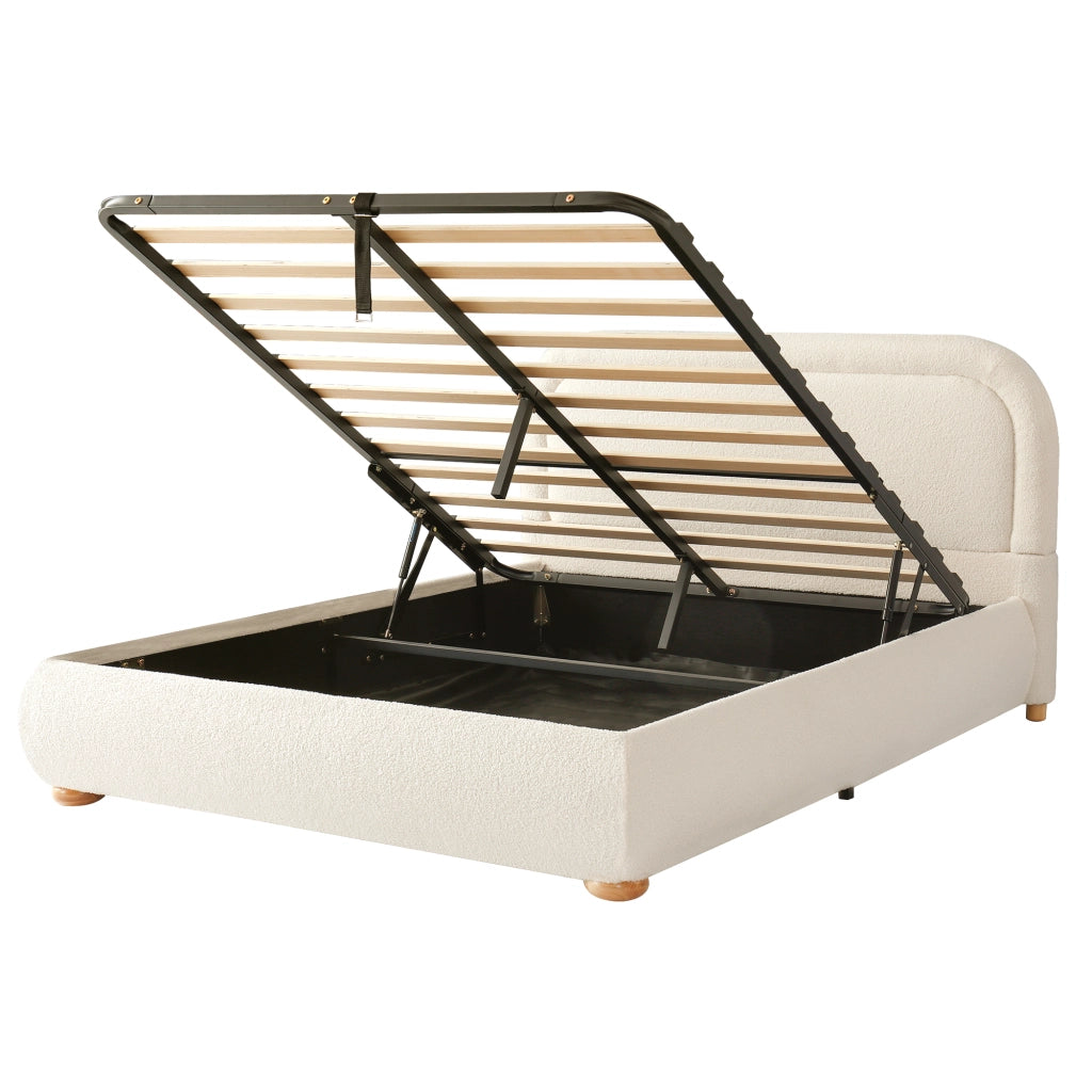 Letto matrimoniale 140 x 190 cm con contenitore idraulico, testiera imbottita e tessuto bouclé beige