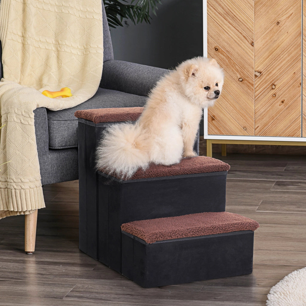 Scaffale pieghevole a 3 gradini con vano contenitore per animali in legno nero 40 × 54 × 48 cm