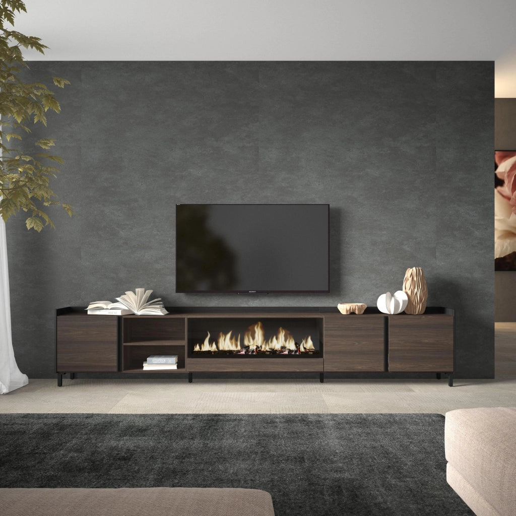 Mobile TV Soggiorno, 315x61x35 cm, Per TV fino a 80", Camino elettrico XXL, Design industriale, Rovere scuro e Nero