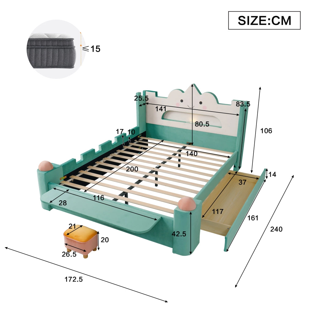 Letto per bambini 140 × 200 cm con lampada da lettura e USB, cassetto contenitore, senza materasso, velluto blu-verde