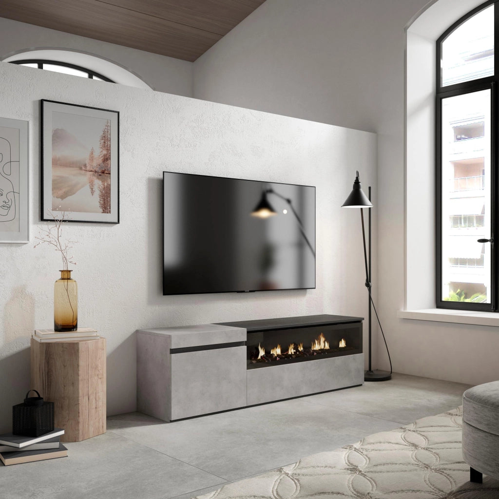 Mobile TV Soggiorno, 150x35x45cm, Per TV fino a 65", Camino elettrico, grigio cemento RF2472