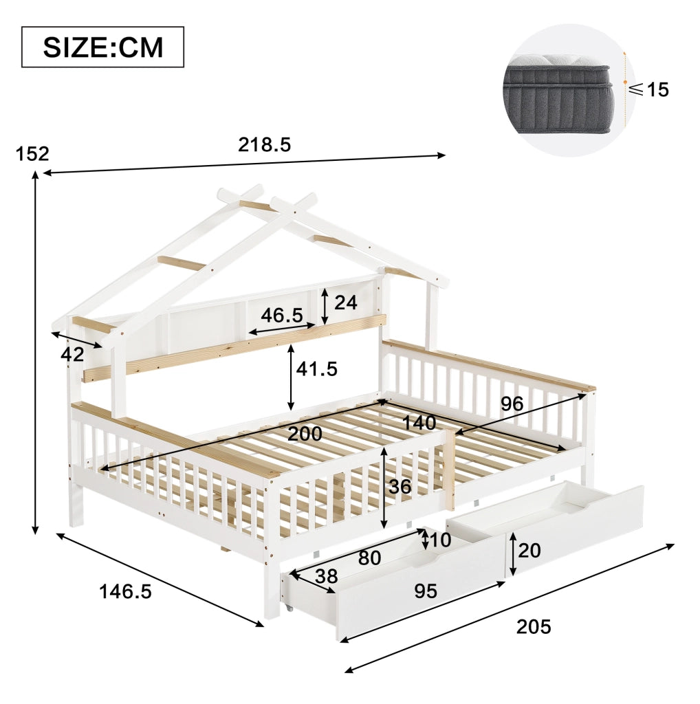 Letto per bambini 140x200 cm con sponde; cassetti e tetto in legno e MDF; bianco e naturale