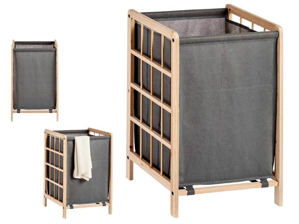 Cesta Porta Biancheria in Legno Naturale e Stoffa Capacità 45 lt H60cm Grigio