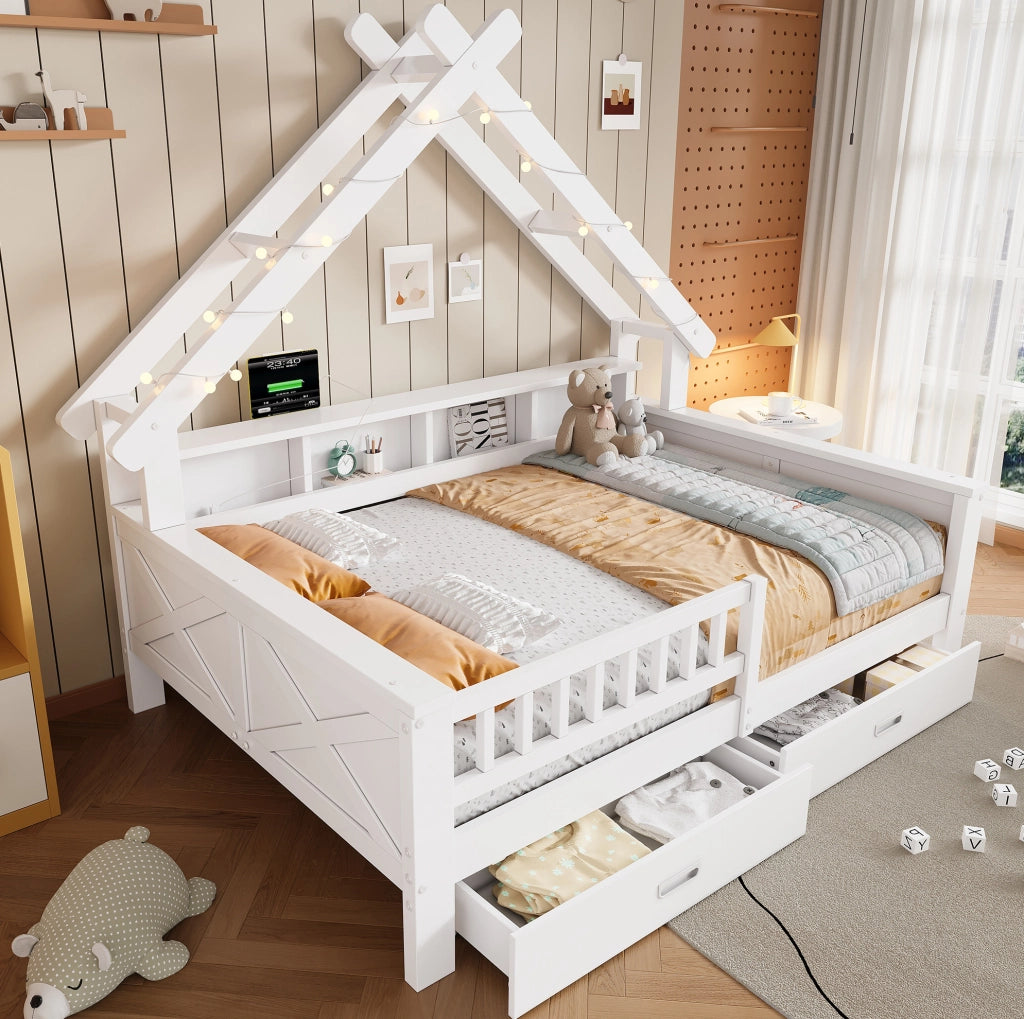 Letto a casetta 140x200 cm con LED; ripiani; 2 cassetti e sponda; bianco