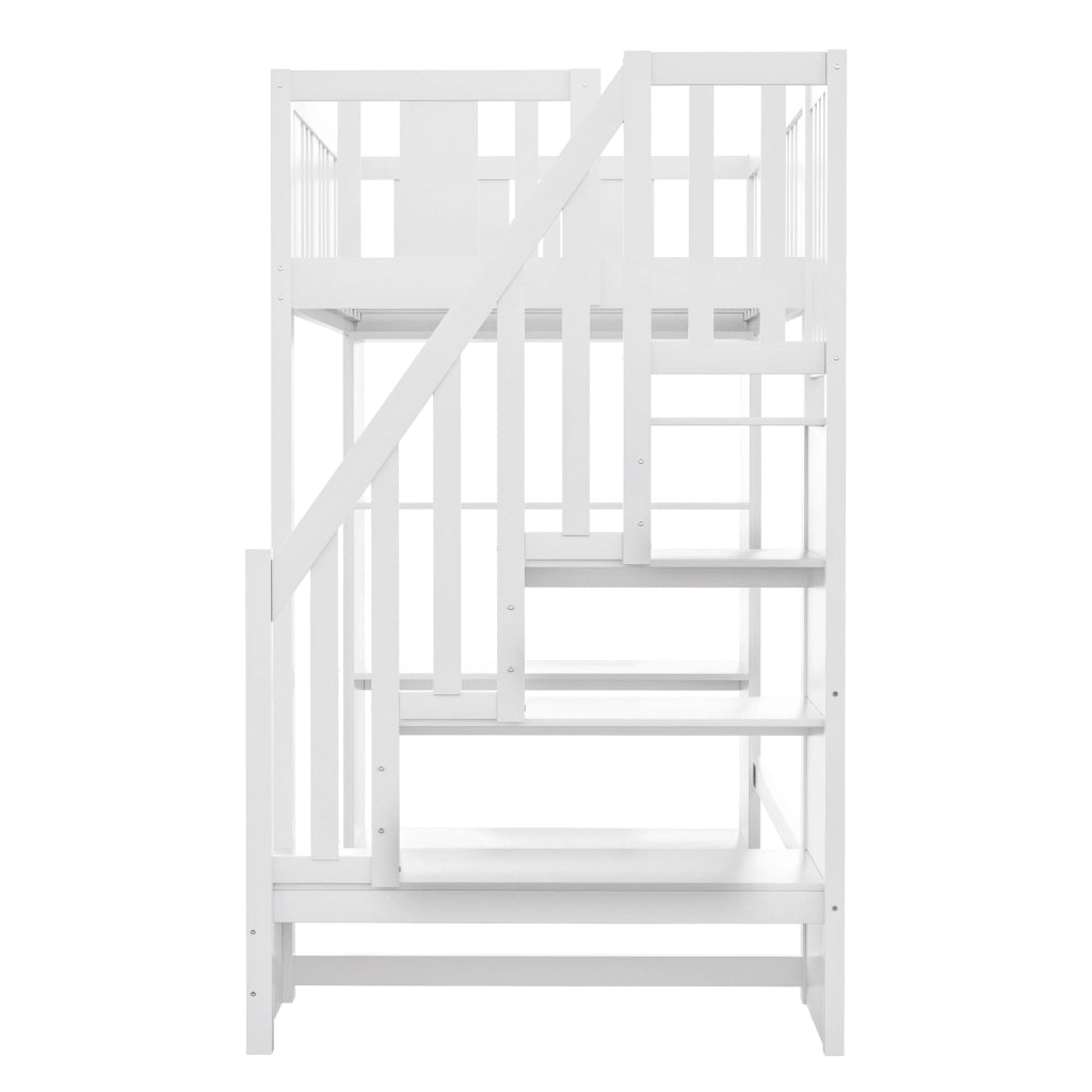 Letto a castello bianco in legno di pino con scala portaoggetti 90x200 cm