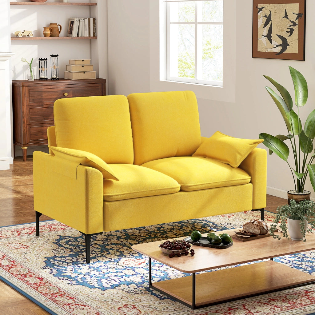 Divano 2 Posti Moderno con Cuscini e Rivestimento in Tessuto Spugna, 130x77x84 cm, Giallo