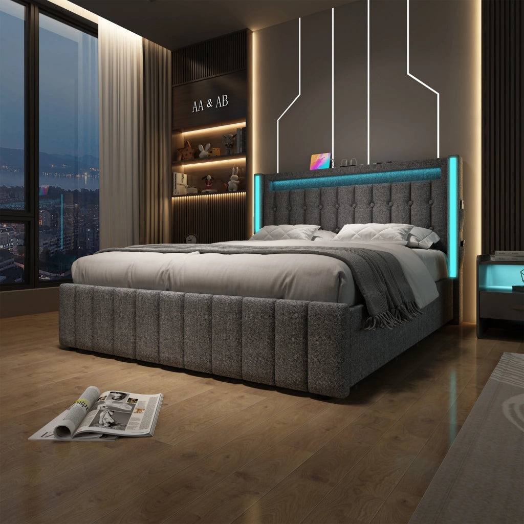 Letto matrimoniale 160x200 in lino grigio con USB Tipo C, LED e 4 cassetti