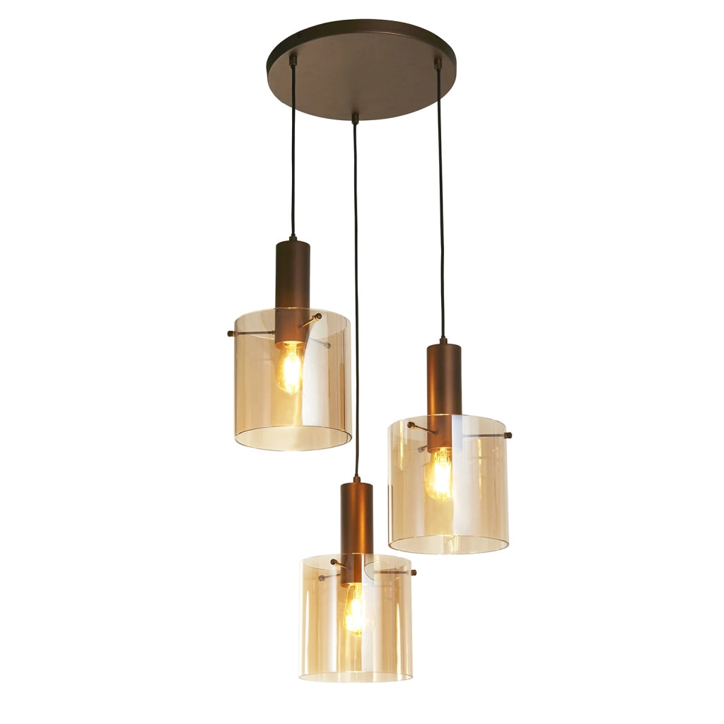 Lampadario Contemporaneo Svezia Acciaio Marrone Vetro 3 Luci E27