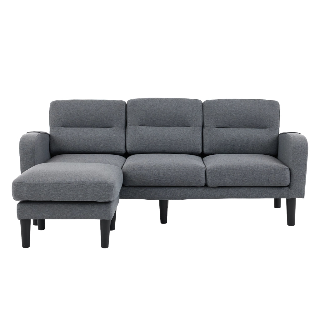 Divano angolare 3 posti modulare con chaise longue e tasche laterali in tessuto grigio